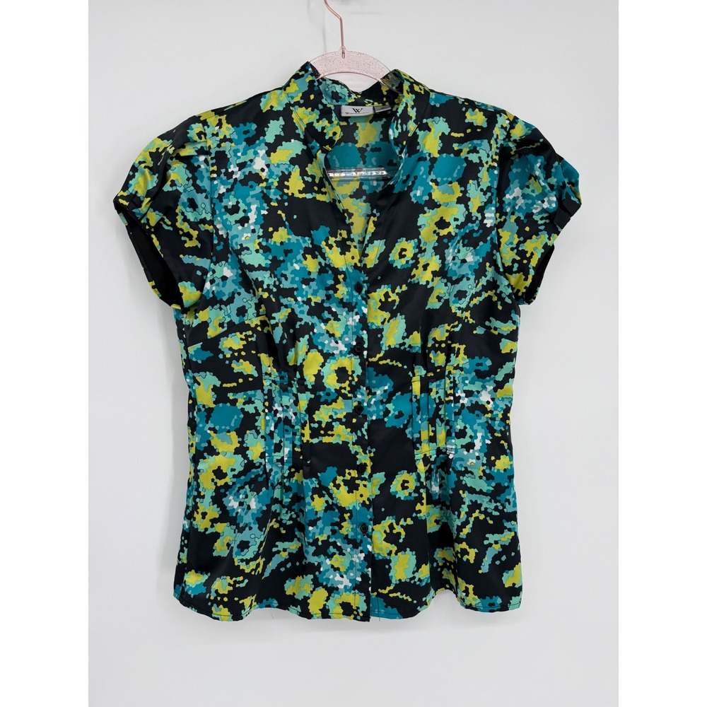 Worthington Women's Multi Color Print Short Sleeve Button‎ Up Blouse Size M